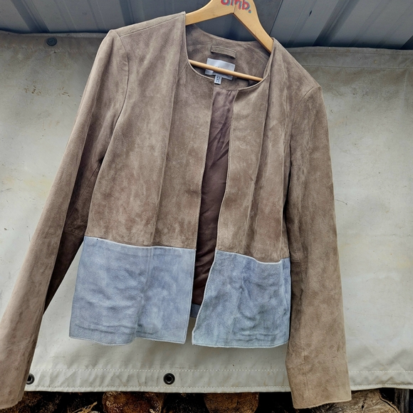 JIGSAW brand Soft Suede Two-Tone Brown & Gray Leather Jacket MINIMALIST Small - Picture 4 of 8